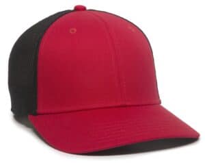 Product sample red and black baseball cap